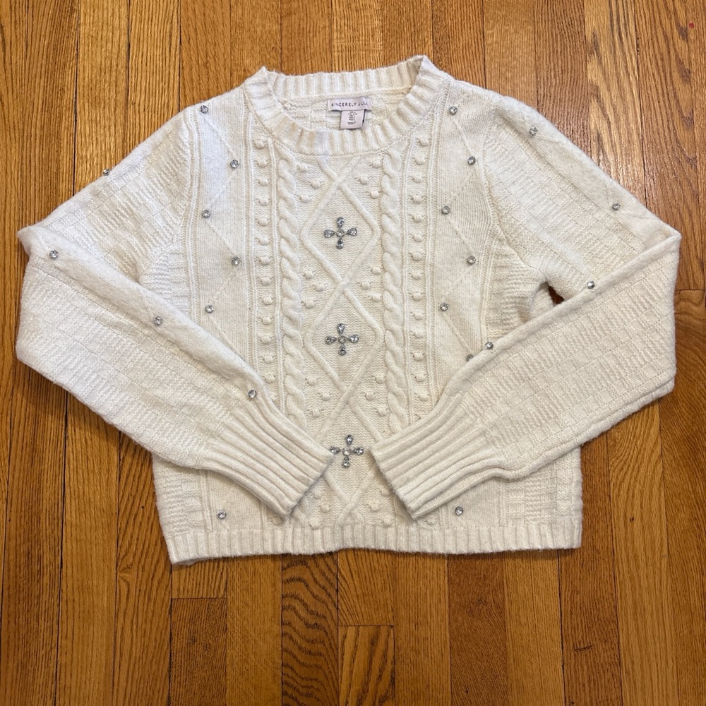 Sincerely Jules Ivory Embellished Cable Knit Crewneck Sweater
